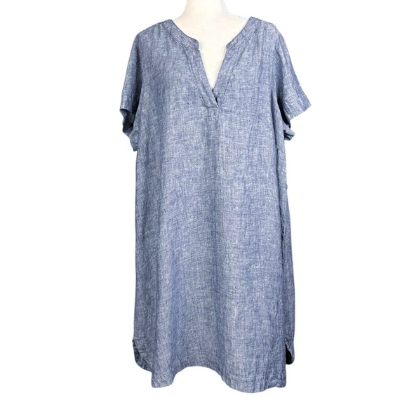TAHARI 2X Linen Short Sleeve Dress Split Neck Pop Over - Picture 3 of 10
